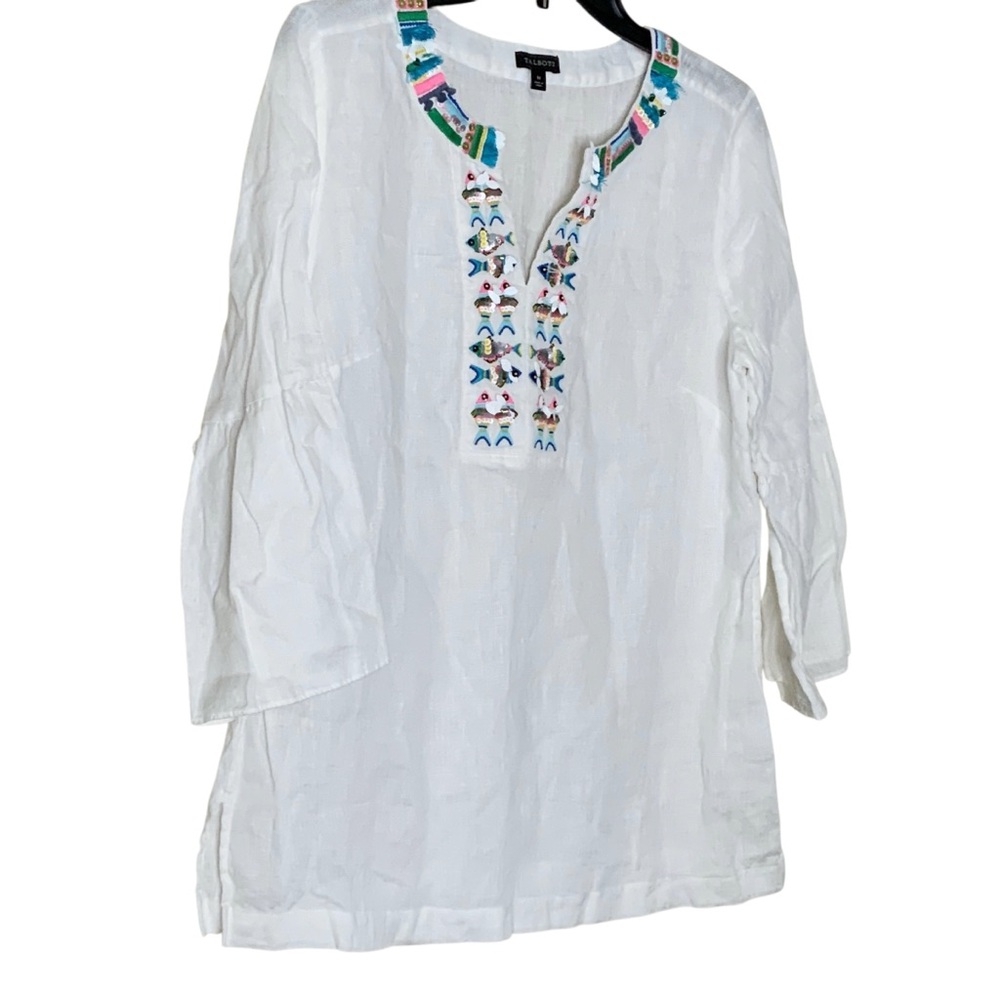 Talbots White Tunic with Colorful Embroidery. Linen. Size M - Picture 2 of 7